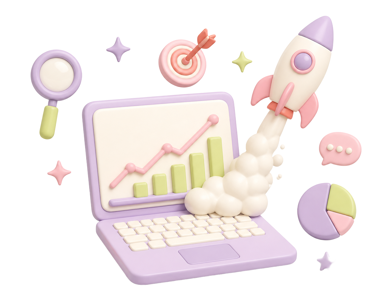 Illustration: brand launch, rocket and growth chart